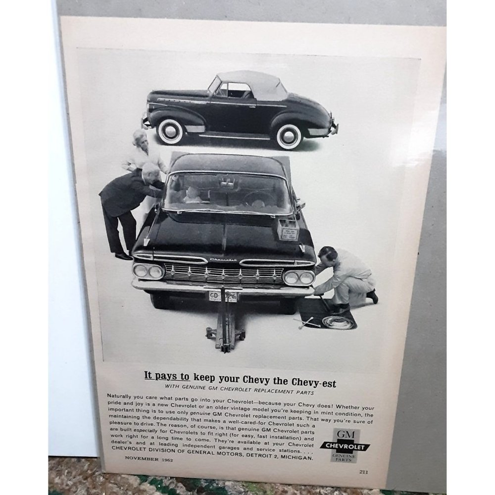 1962 Chevy with a 1940 Chevy Sedan Print Ad vintage 60s General Motors